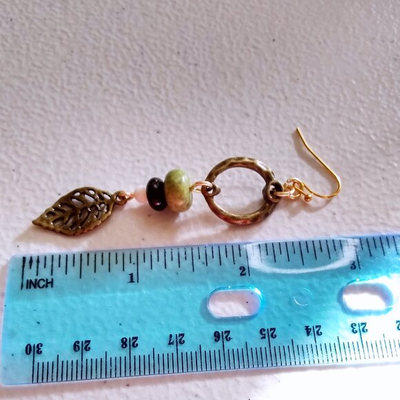 Feminine Bronze Leaf Dangle Earrings 3" ~ Jasper + Agate ~ Fall & Harvest Season - Picture 5 of 6
